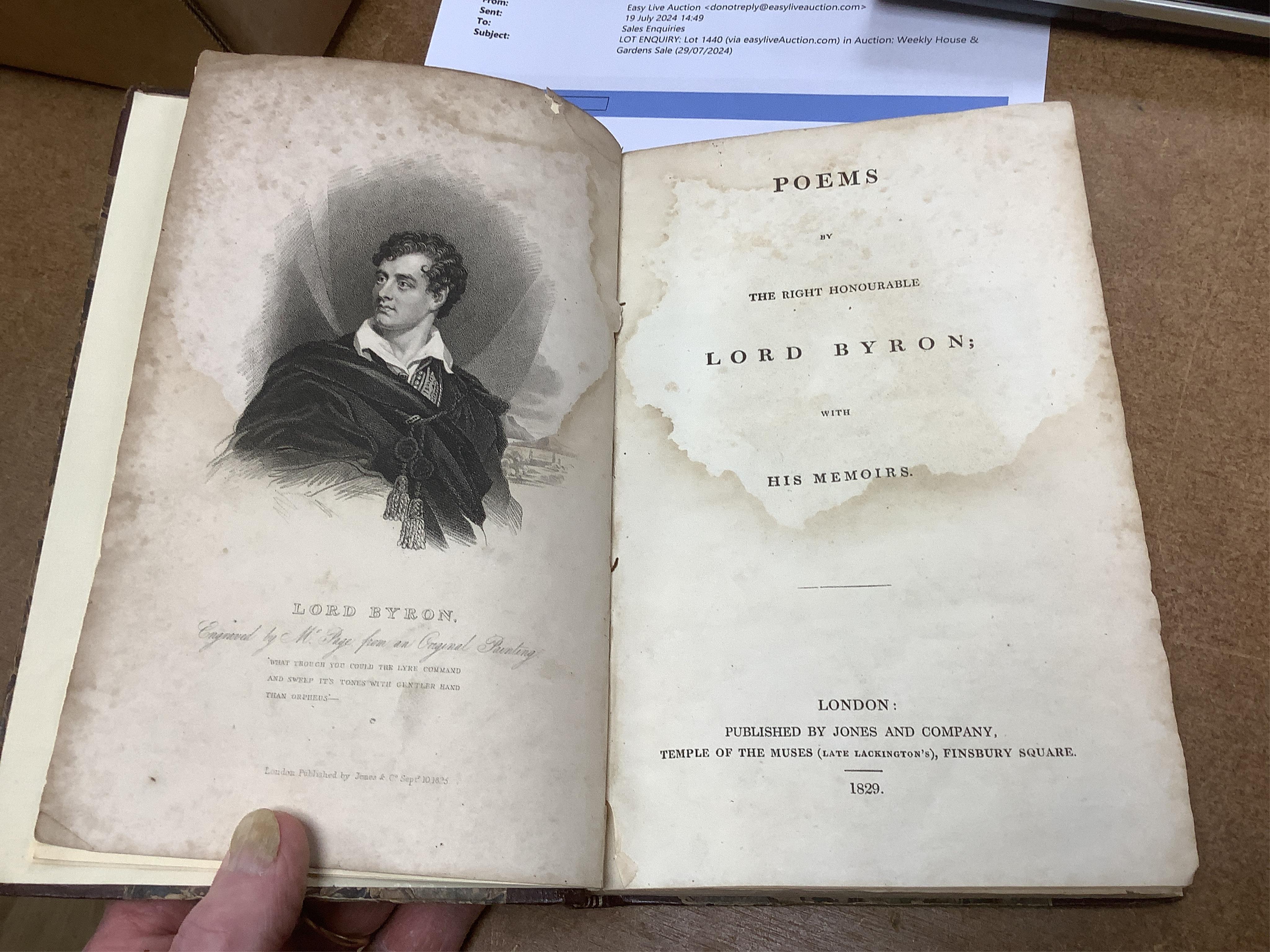 Medwin, Thomas - Conversations of Lord Byron noted During a Residence at Pisa, in the years 1821 and 1822, 2 vols, 12mo, half calf, Henry Colburn and Ruchard Bentley, London, 1830; another copy - 2 vols in 1, 8vo, half c